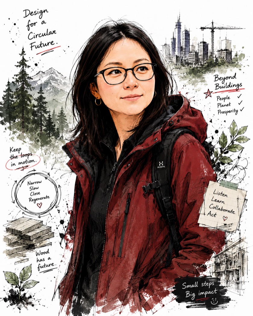 Illustrated portrait of Lily, your guide, in a red jacket with forest and city sketches around her